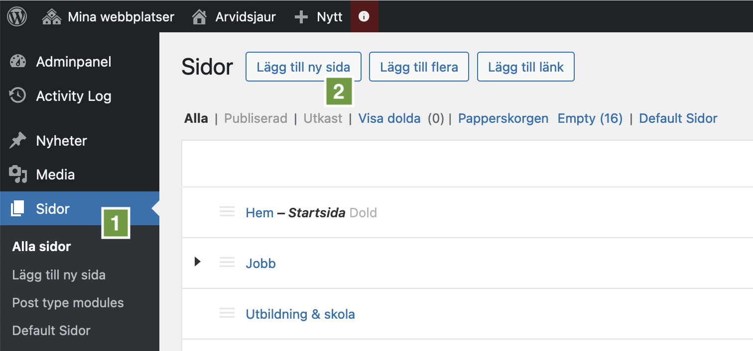 Skärmavbild som visar vyn Alla sidor och knappen Lägg till ny sida